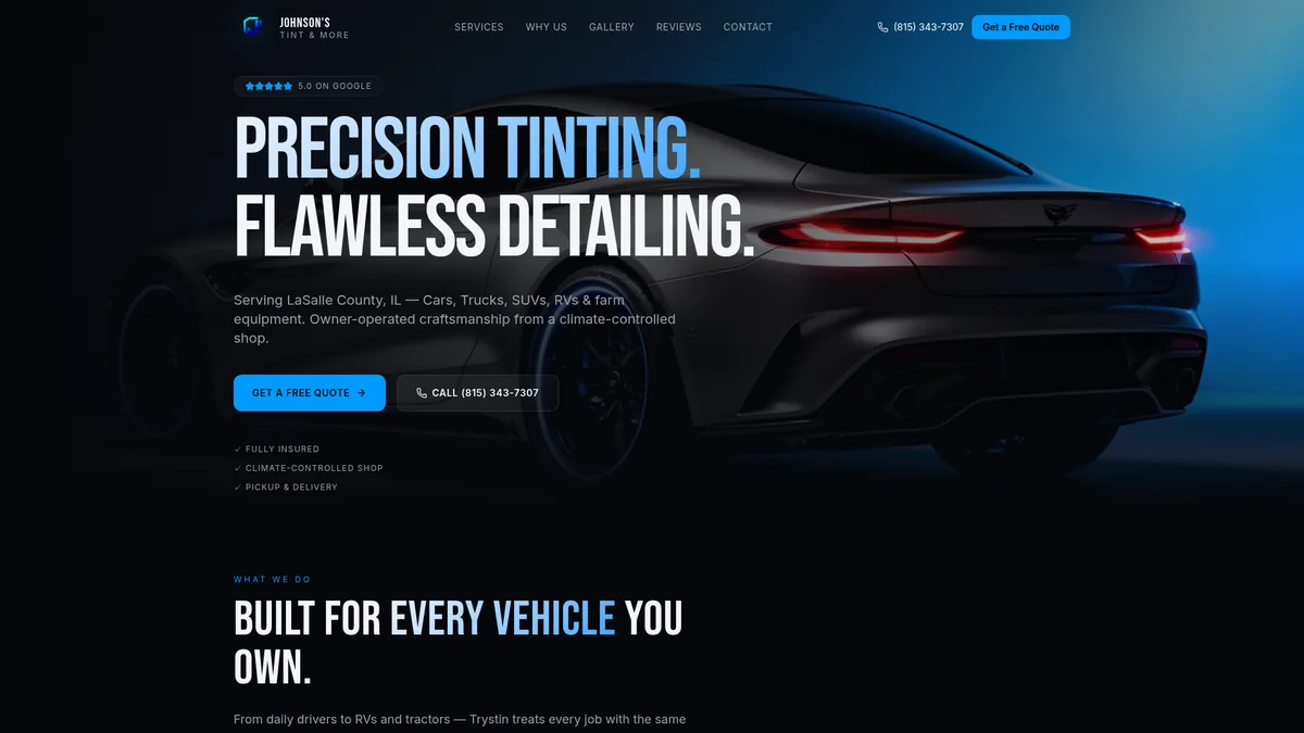 Johnson's Tint & More website built by Illinois Valley Web Design